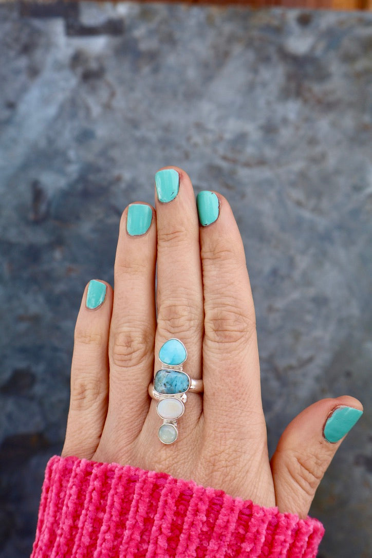 Winter Thaw Ring Sterling Silver, Neon Apatite, Peruvian Opal & Turquoise Adjustable Size WT8
