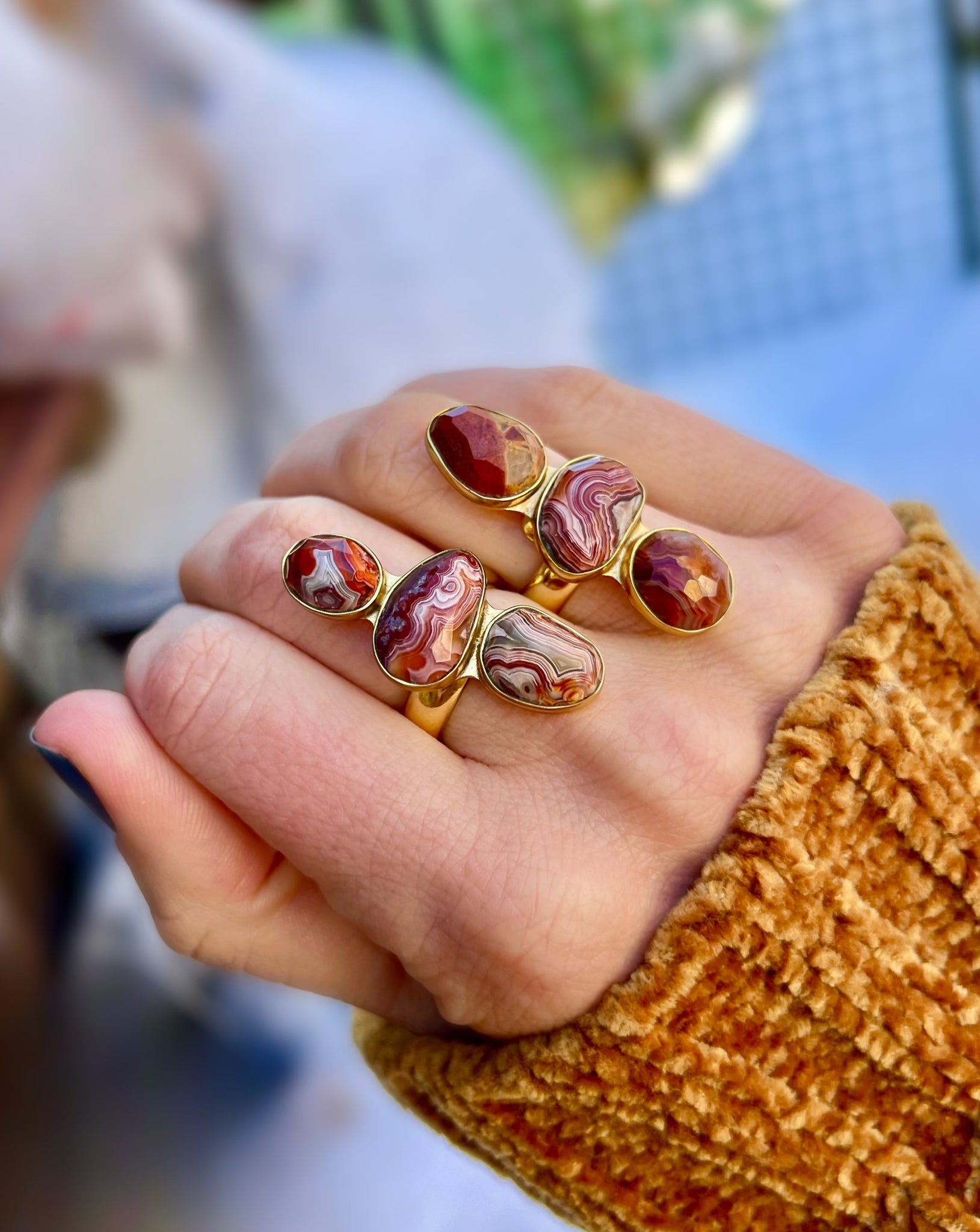 Triple Stone Red Agate & Gold Alchemia Adjustable Ring W23