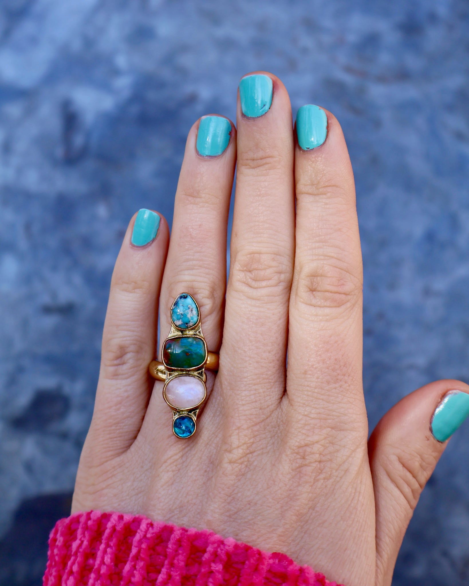 Winter Thaw Ring Neon Apatite, Peruvian Opal & Turquoise in Gold Alchemia, Adjustable Size WT9