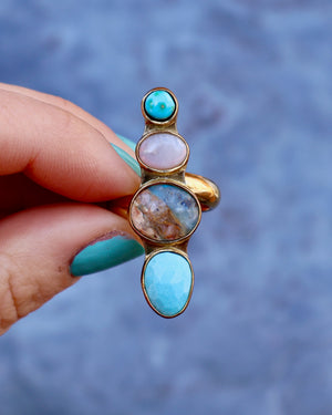 Winter Thaw Ring Peruvian Opal &  Turquoise in Gold Alchemia, Adjustable Size WT14