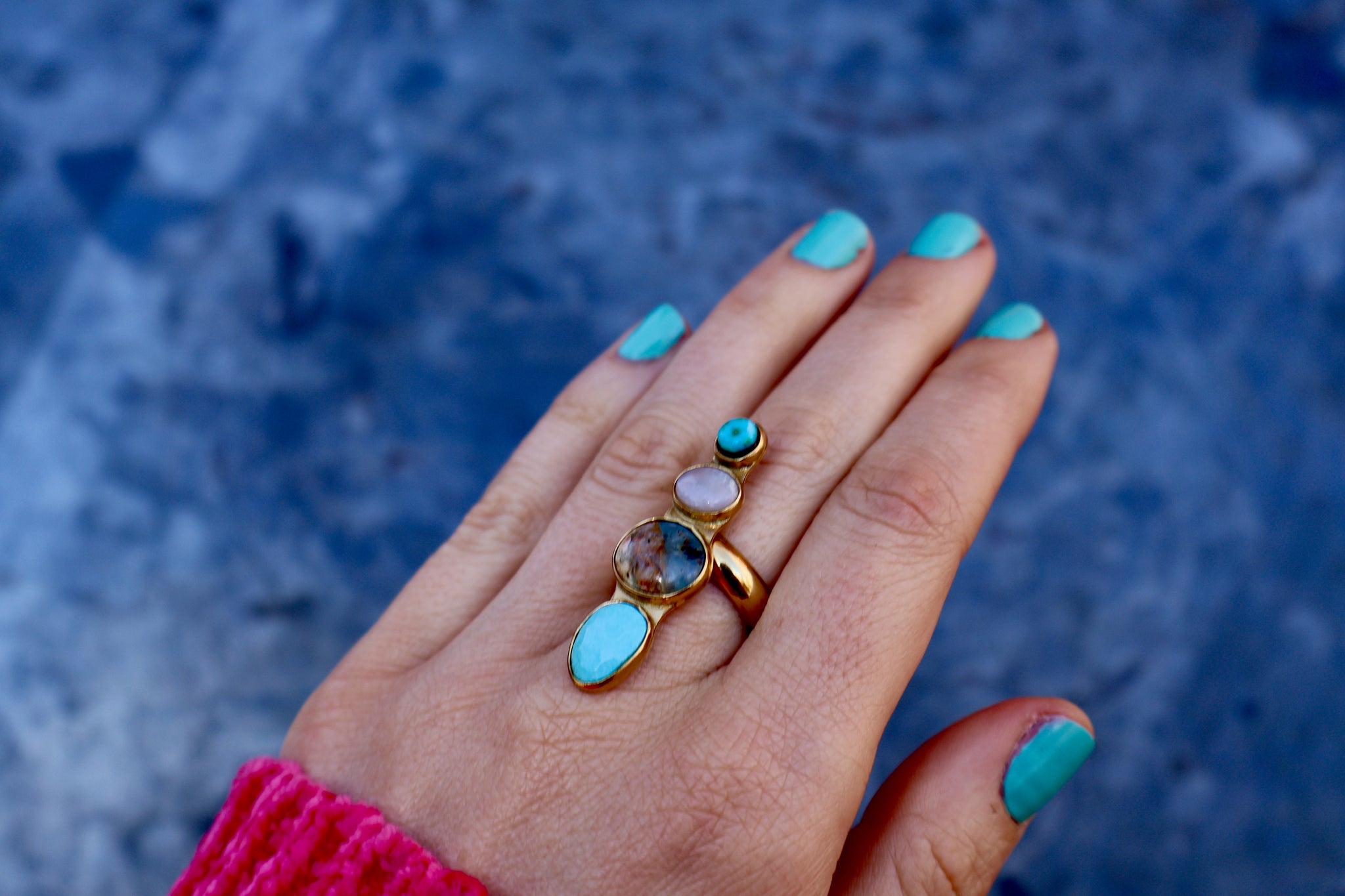 Winter Thaw Ring Peruvian Opal &  Turquoise in Gold Alchemia, Adjustable Size WT14