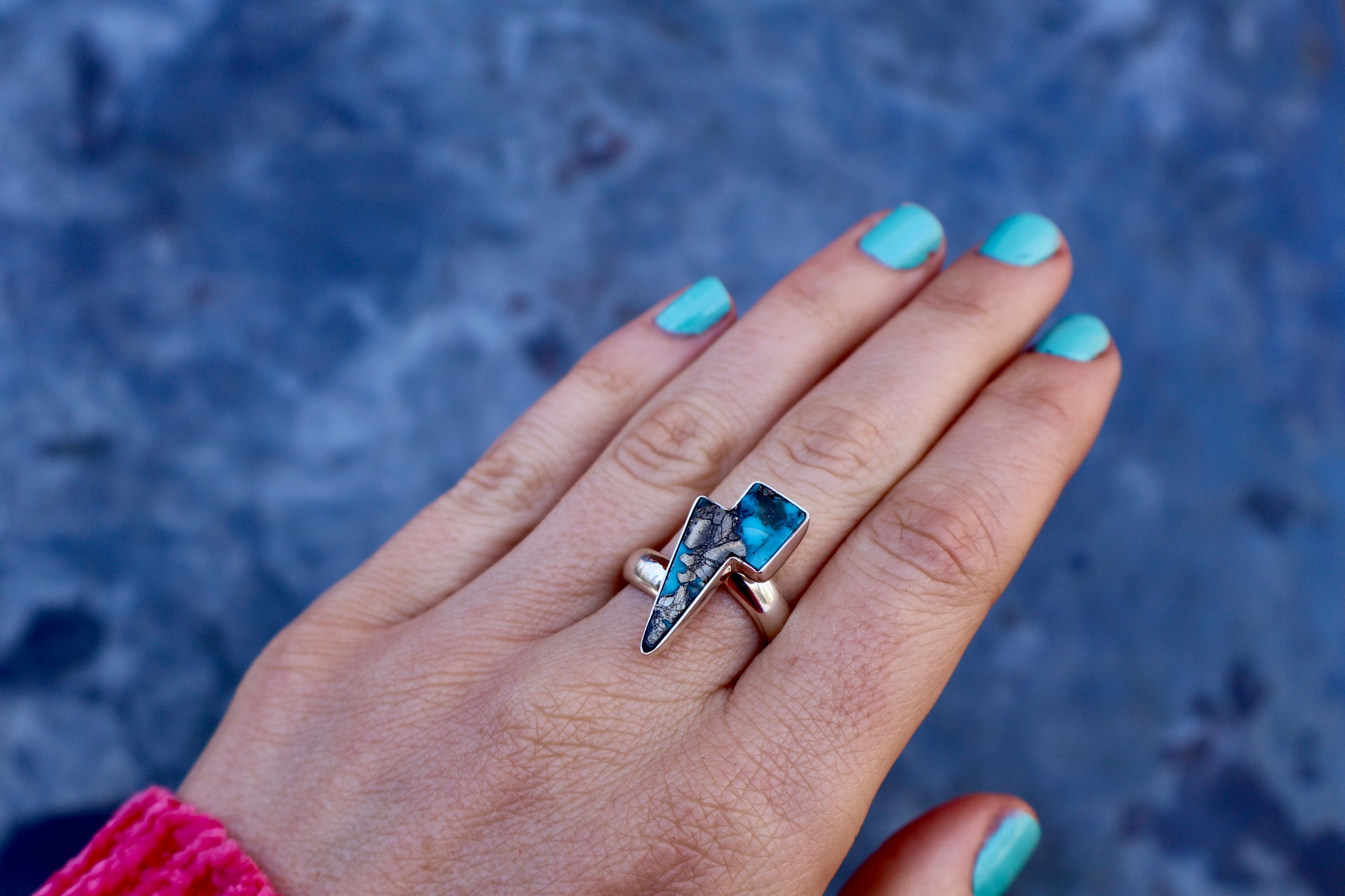 Lightning Bolt Ring in Armenian turquoise with Pyrite set in Sterling Silver Adjustable Size WT19