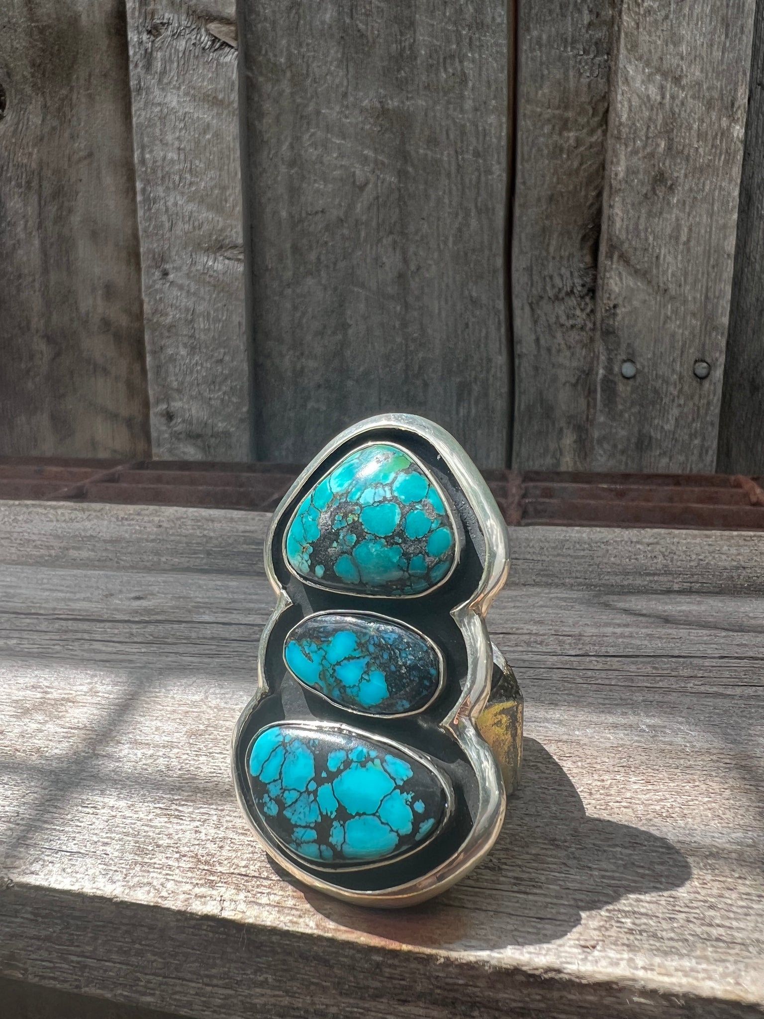 Triple Turquoise Ring in Sterling Silver Adjustable Band #121