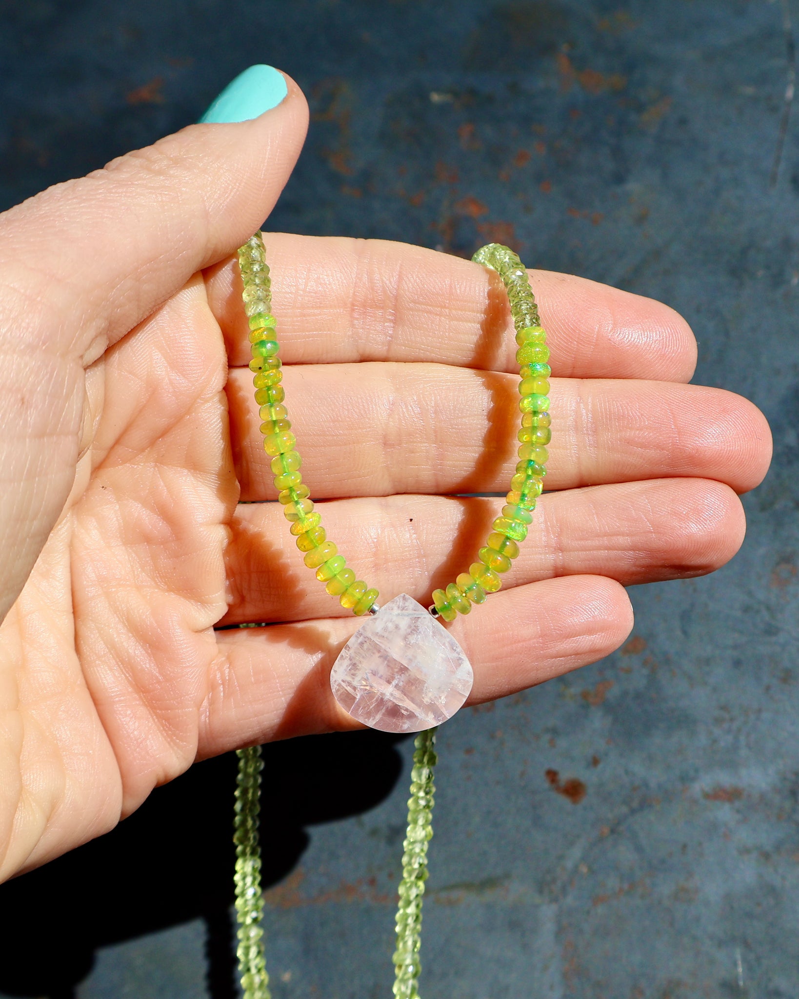 Rainbow Moonstone, Green Ethiopian Opal & Green Amethyst Beaded Necklace wt47