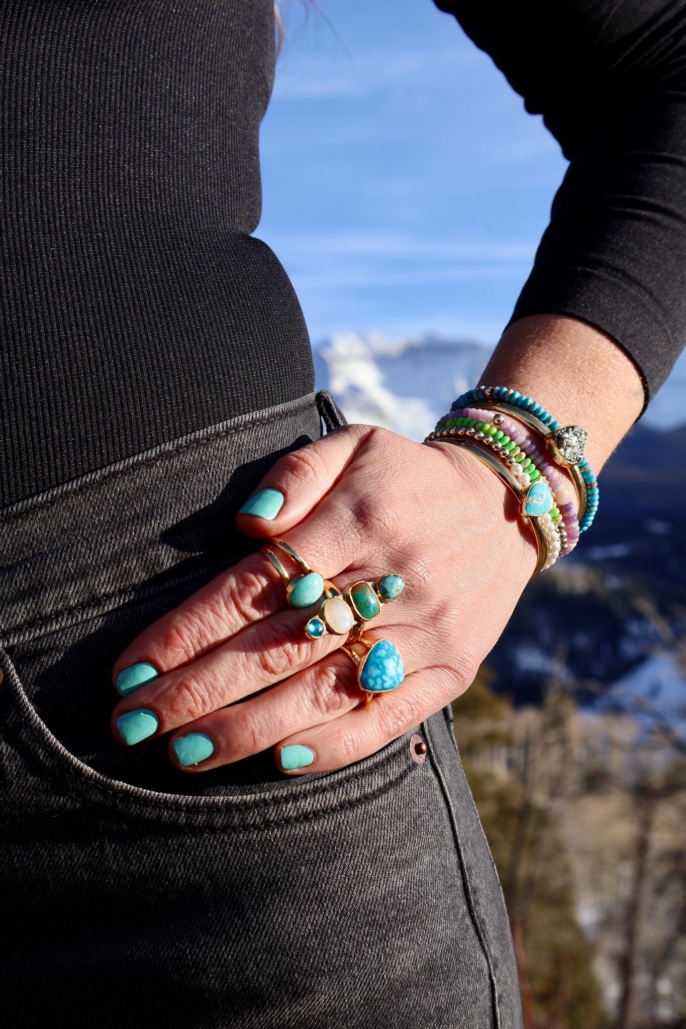 Winter Thaw Ring Peruvian Opal, Turquoise & Rainbow Moonstone in Gold Alchemia, Adjustable Size WT16