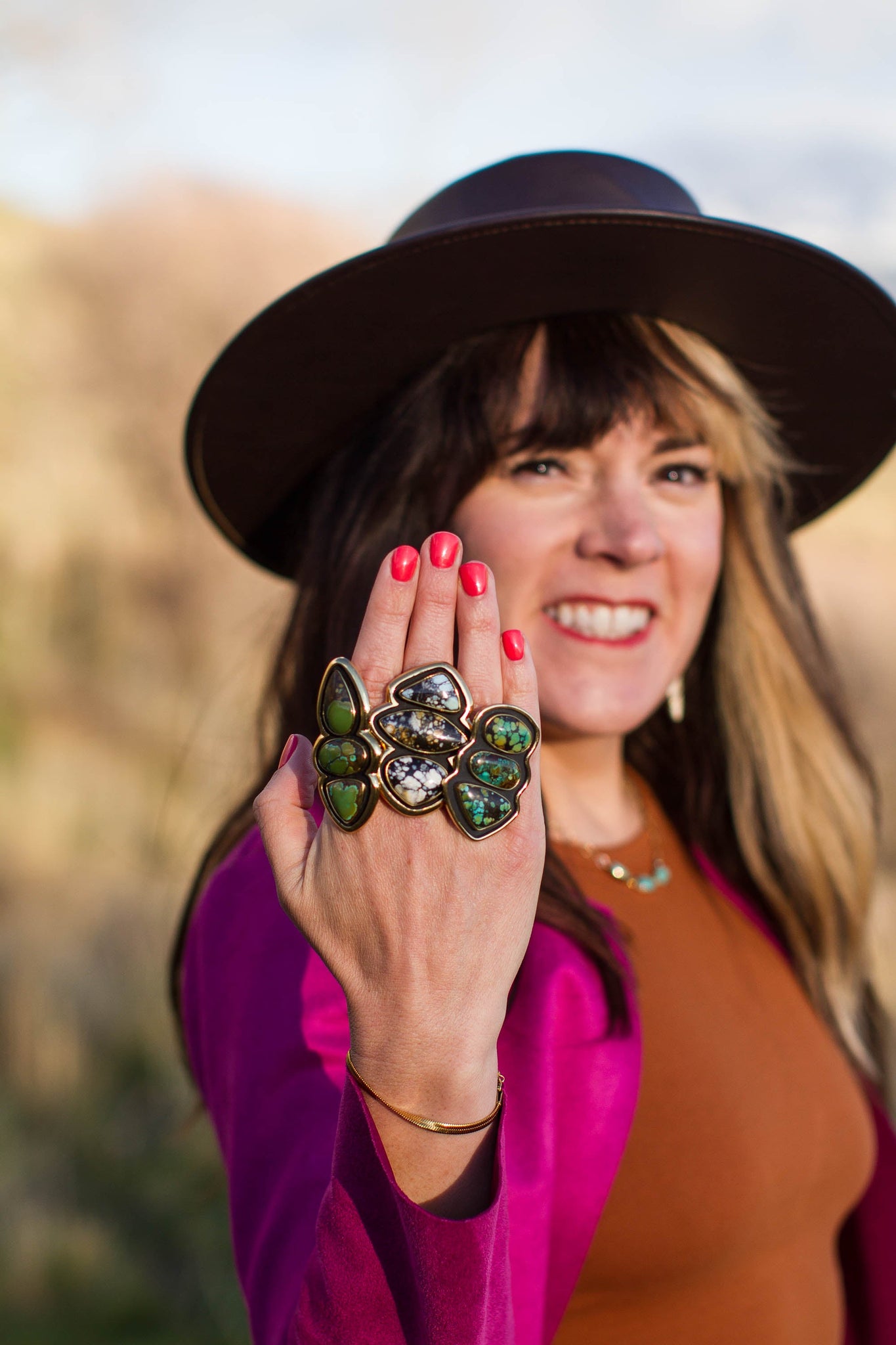 Hubei Turquoise Shadow Box Ring in Gold Alchemia- Adjustable Size B12