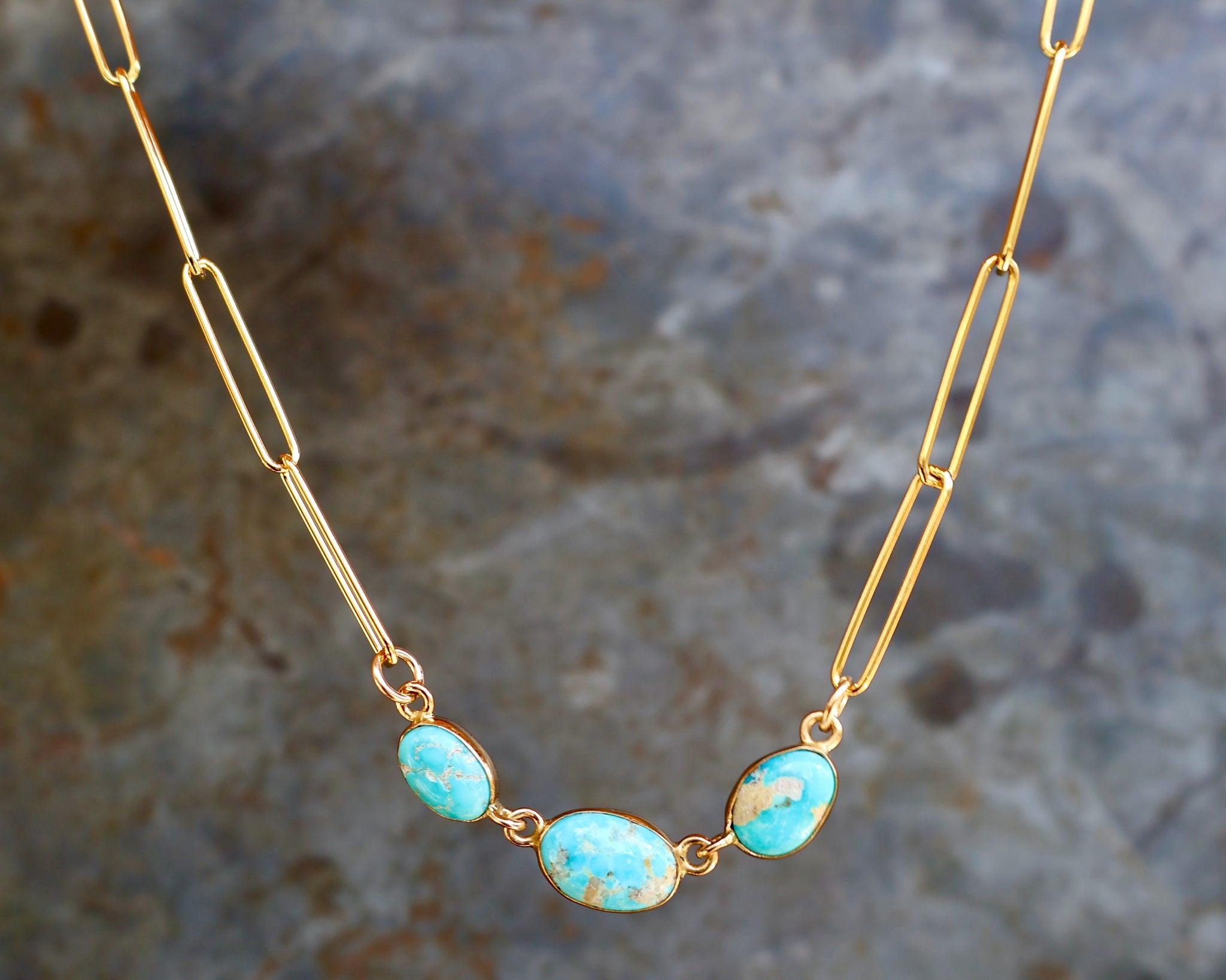 Triple Turquoise Necklace with Gold Fill Paperclip Chain B8