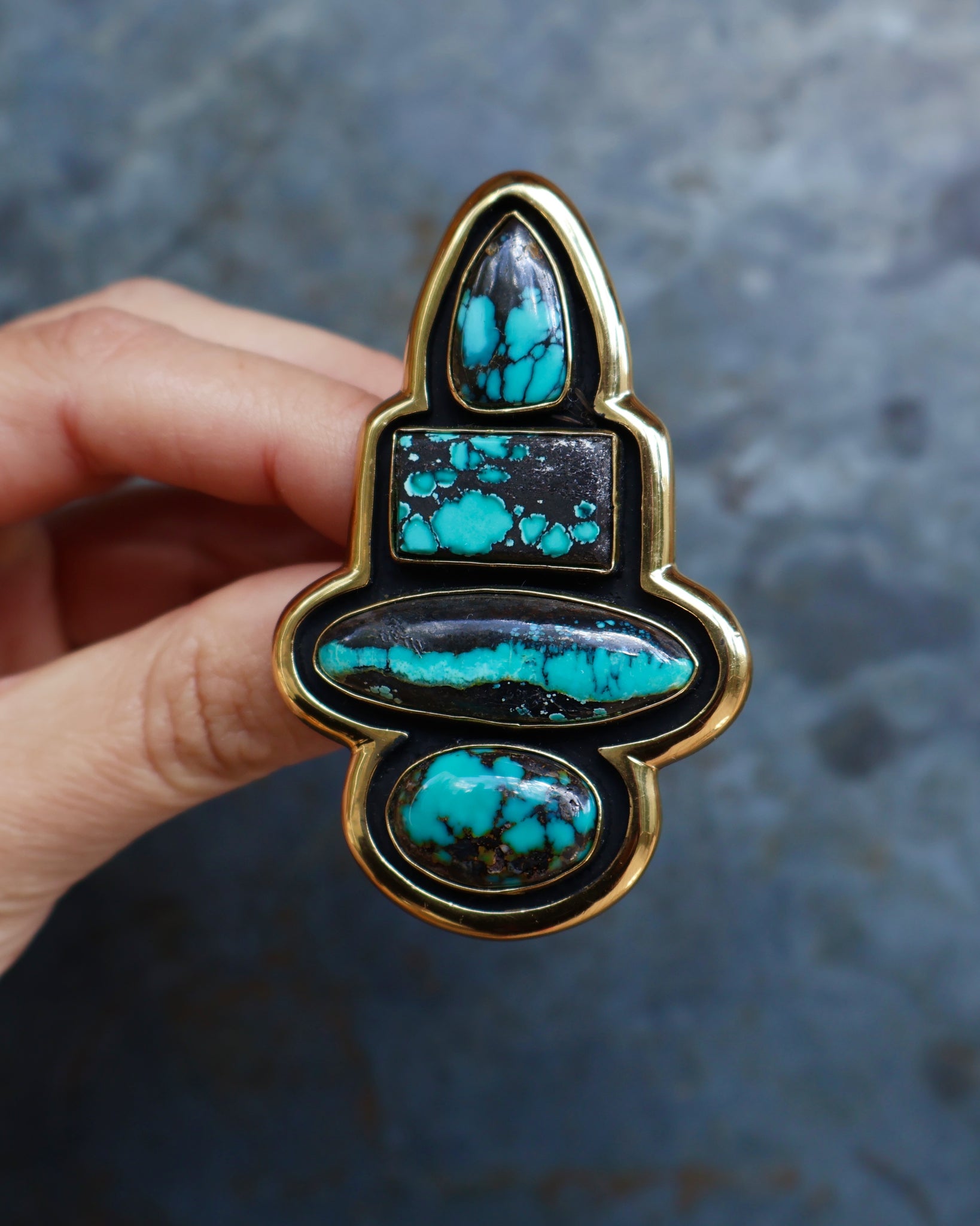 Hubei Turquoise Shadow Box Ring in Gold Alchemia- Adjustable Size B9