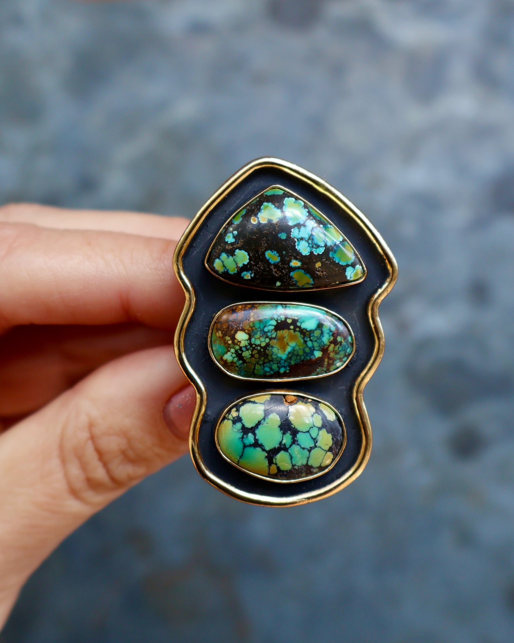 Hubei Turquoise Shadow Box Ring in Gold Alchemia- Adjustable Size B11