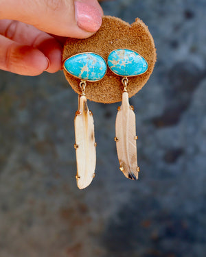 Boheme Feather Earring Carved Bone & Turquoise with Gold Alchemia B29