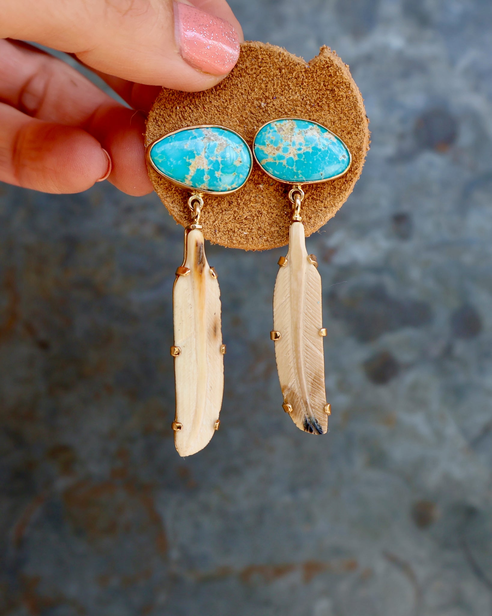 Boheme Feather Earring Carved Bone & Turquoise with Gold Alchemia B29