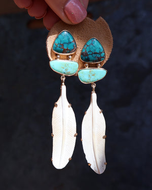 Boheme Feather Earring Carved Bone & Turquoise with Gold Alchemia B30