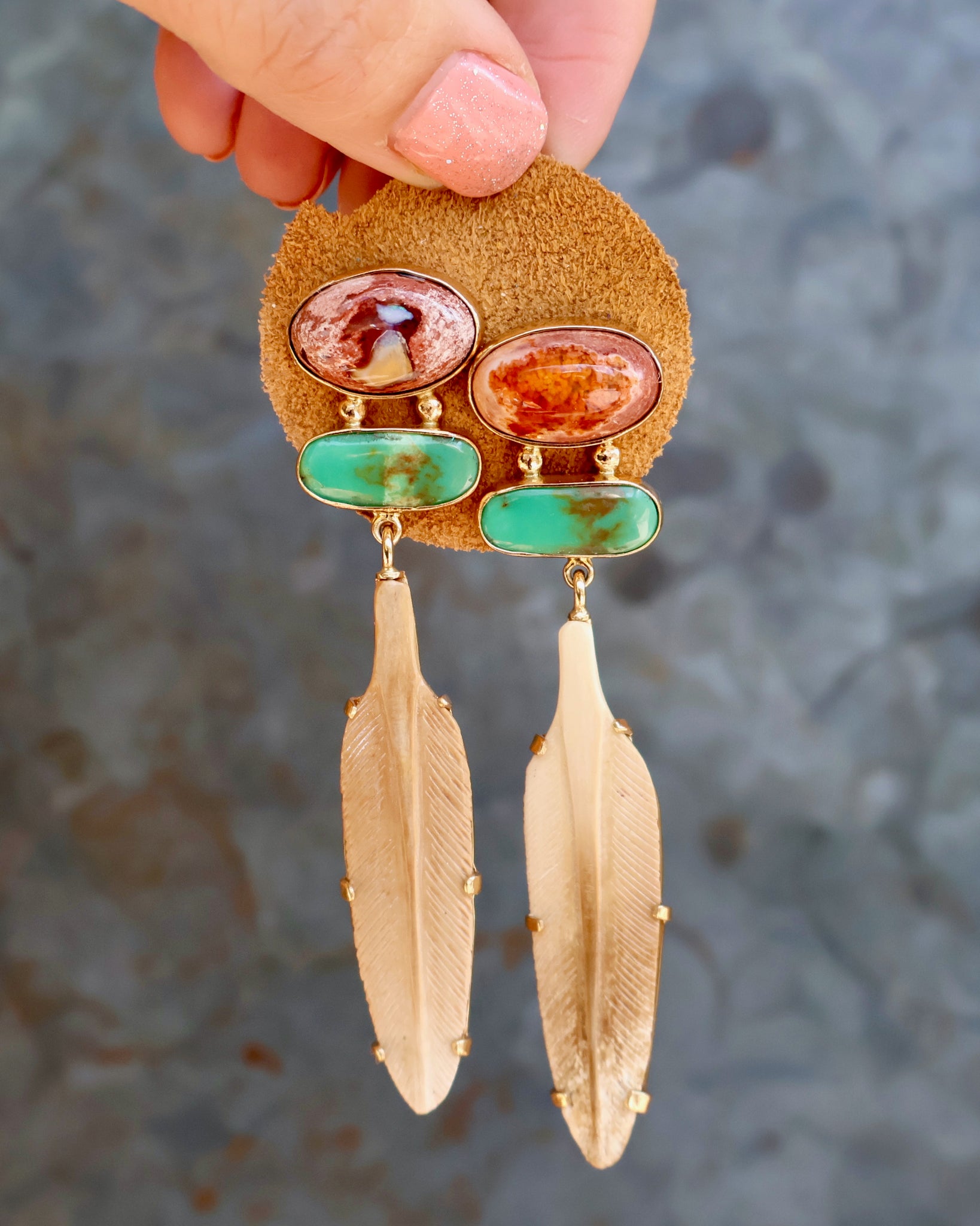 Boheme Feather Earring with Cantera Opal Carved Bone & Turquoise with Gold Alchemia B31