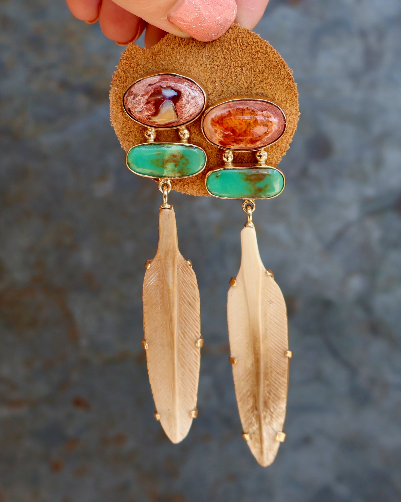 Boheme Feather Earring with Cantera Opal Carved Bone & Turquoise with Gold Alchemia B31