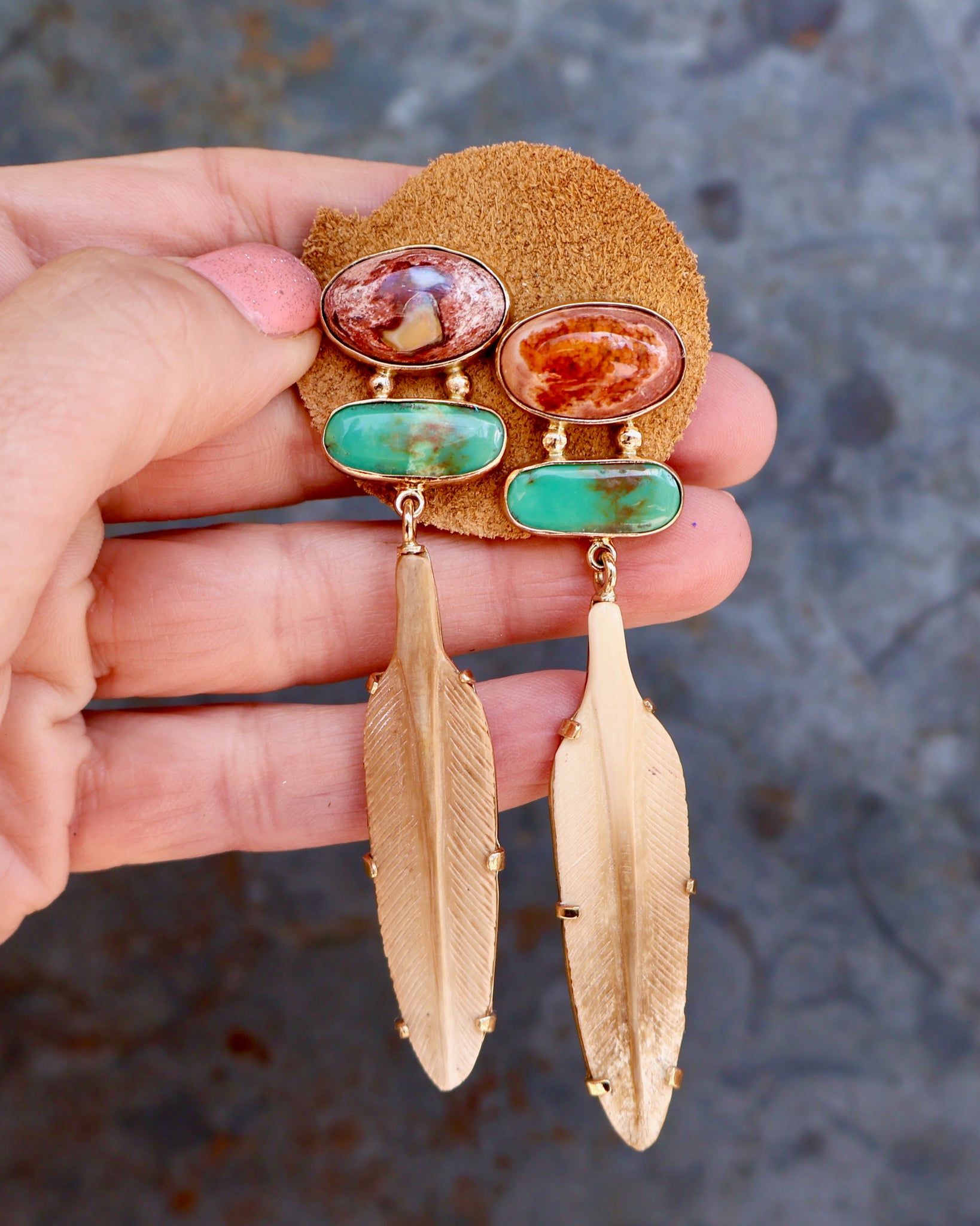 Boheme Feather Earring with Cantera Opal Carved Bone & Turquoise with Gold Alchemia B31