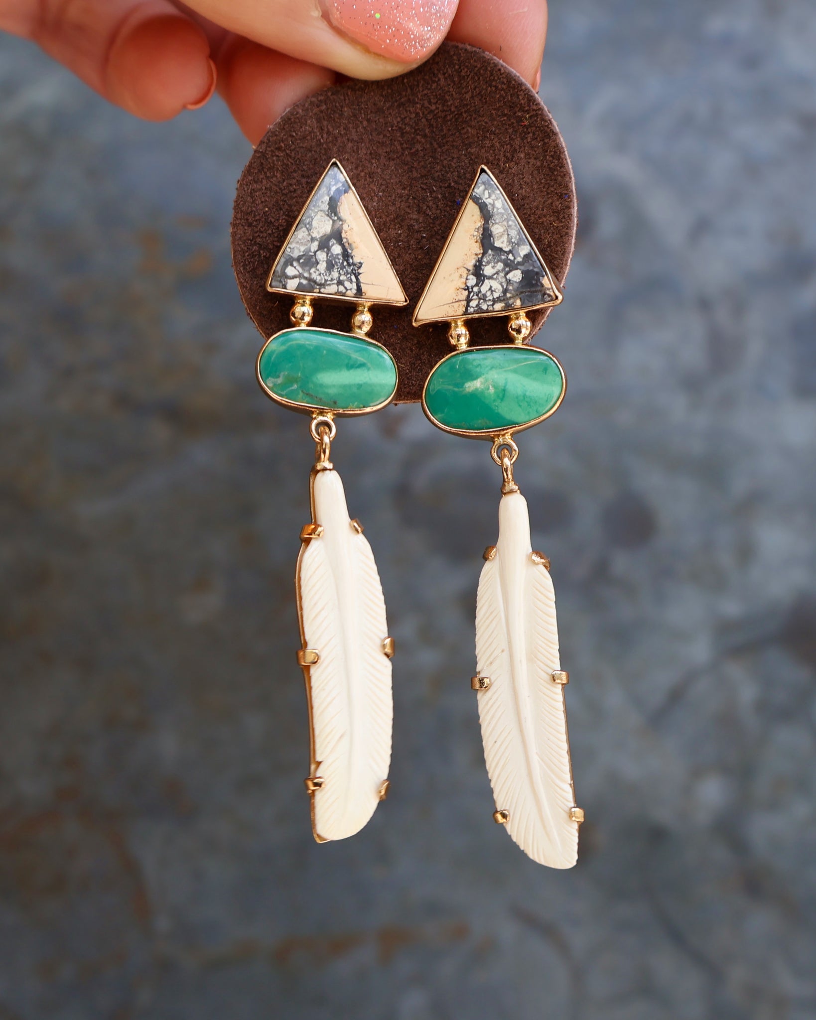 Boheme Feather Earring with Carved Bone & Turquoise with Gold Alchemia B32