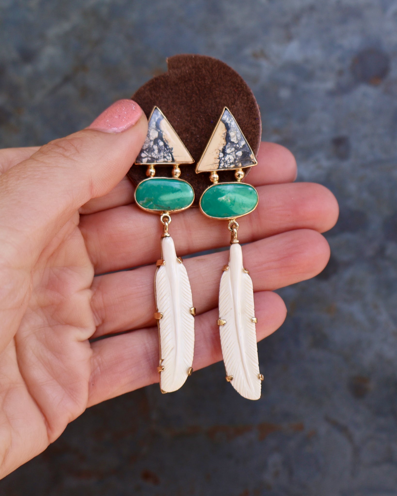 Boheme Feather Earring with Carved Bone & Turquoise with Gold Alchemia B32