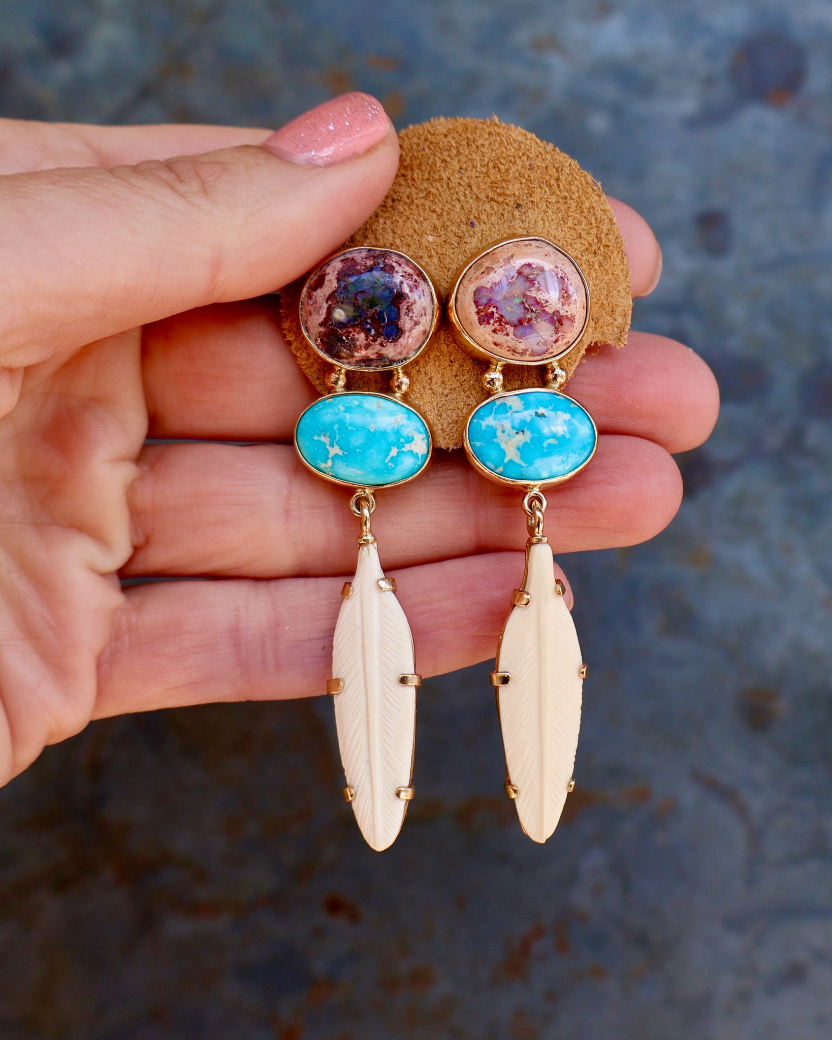 Boheme Feather Earring with Cantera Opal,  Carved Bone & Turquoise in Gold Alchemia B33