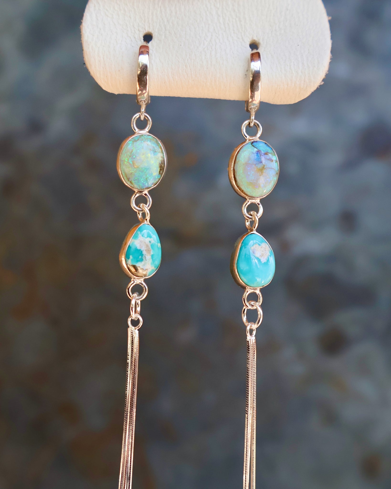 Turquoise & Opal Sparkling Snake Chain Long Earring in Sterling Silver B34