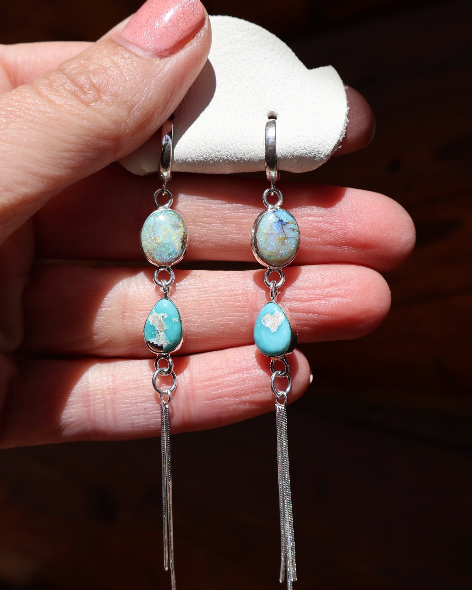 Turquoise & Opal Sparkling Snake Chain Long Earring in Sterling Silver B34