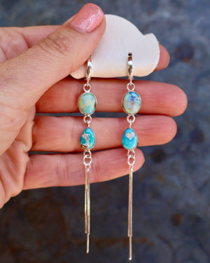 Turquoise & Opal Sparkling Snake Chain Long Earring in Sterling Silver B34