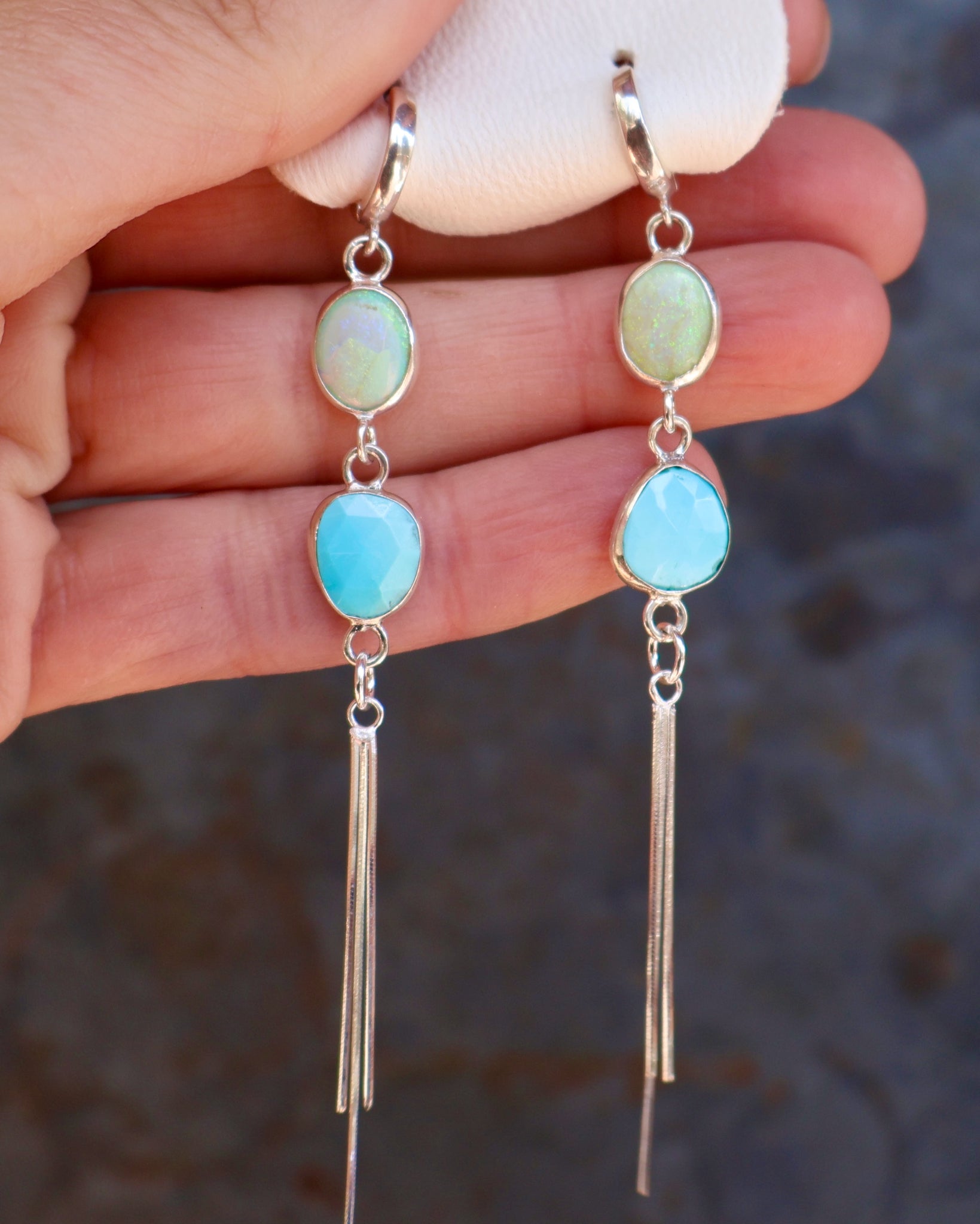 Turquoise & Opal Sparkling Snake Chain Long Earring in Sterling Silver B35