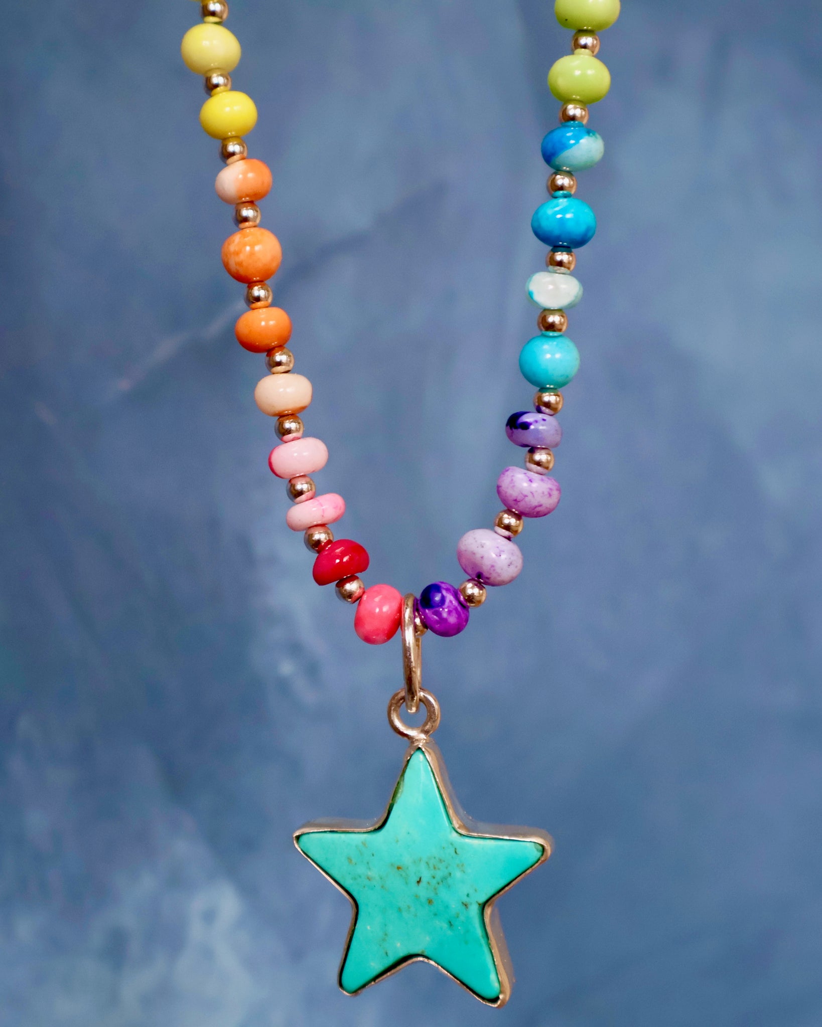 Turquoise Star with Rainbow Opal Necklace in Gold F69