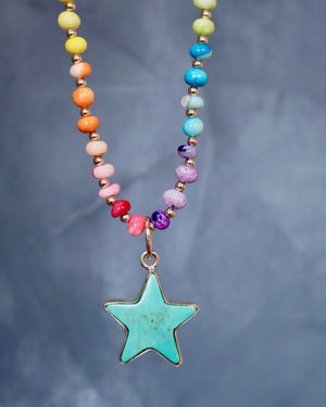 Turquoise Star with Rainbow Opal Necklace in Gold F69