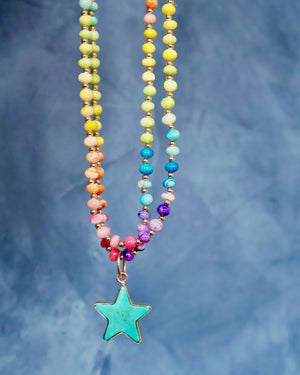 Turquoise Star with Rainbow Opal Necklace in Gold F69