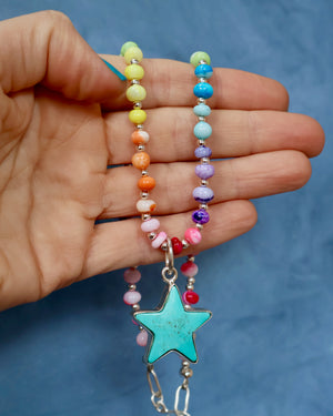 Turquoise Star with Rainbow Opal Necklace in Gold F69