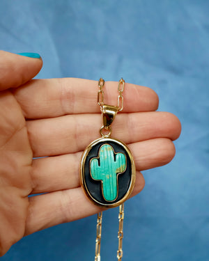 Campitos Turquoise Cactus Shadow Box Pendant on Gold Fill Chain F57