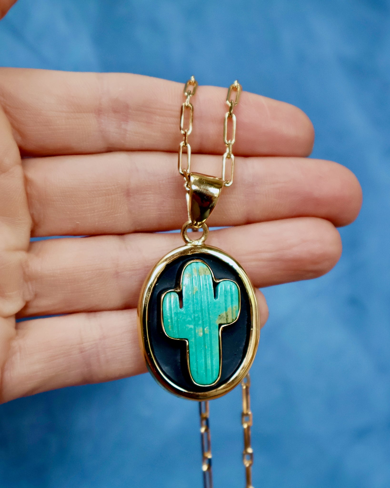 Campitos Turquoise Cactus Shadow Box Pendant on Gold Fill Chain F57