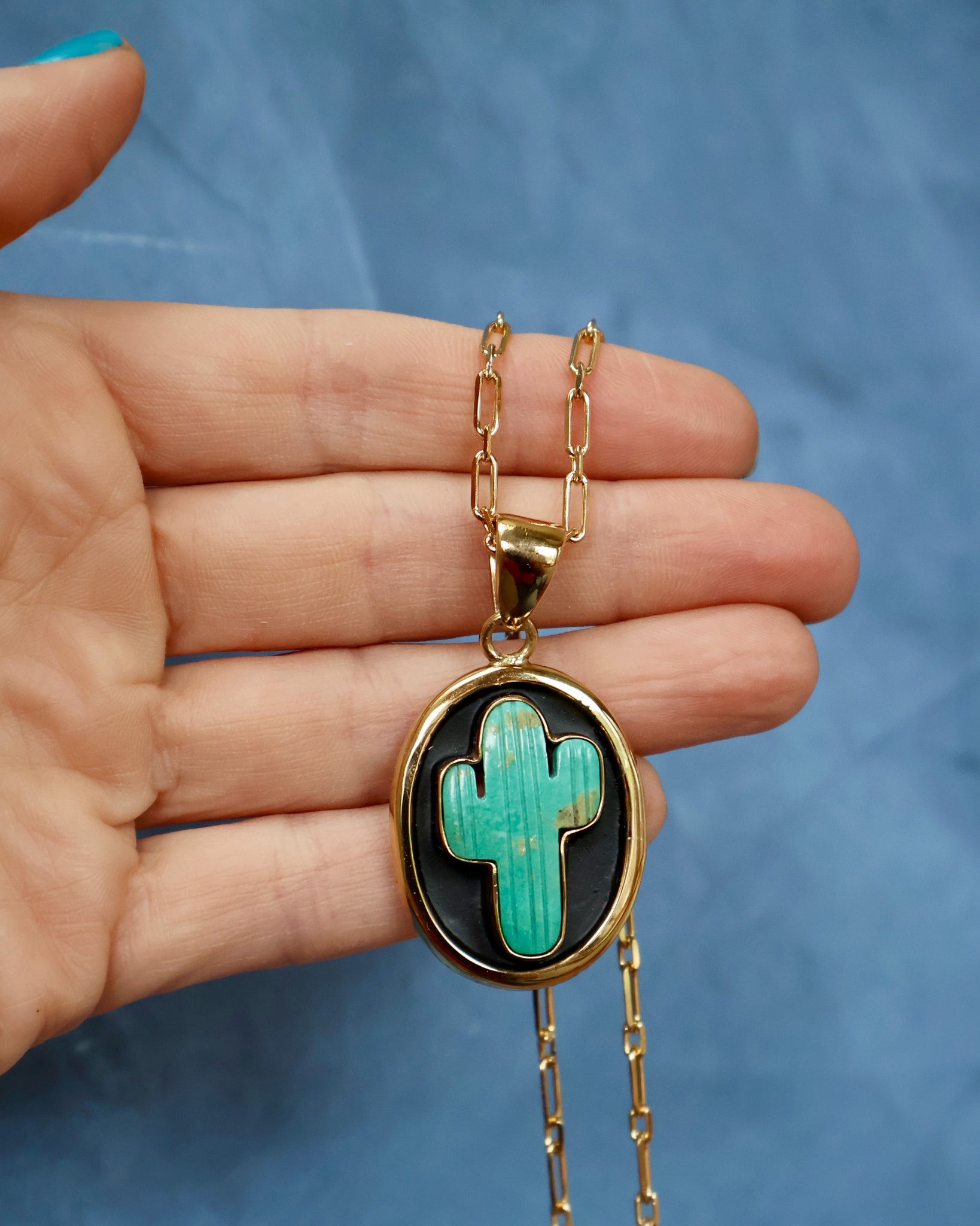 Campitos Turquoise Cactus Shadow Box Pendant on Gold Fill Chain F57