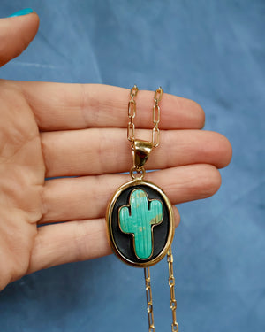 Campitos Turquoise Cactus Shadow Box Pendant on Gold Fill Chain F57