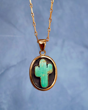 Campitos Turquoise Cactus Shadow Box Pendant on Gold Fill Chain F57