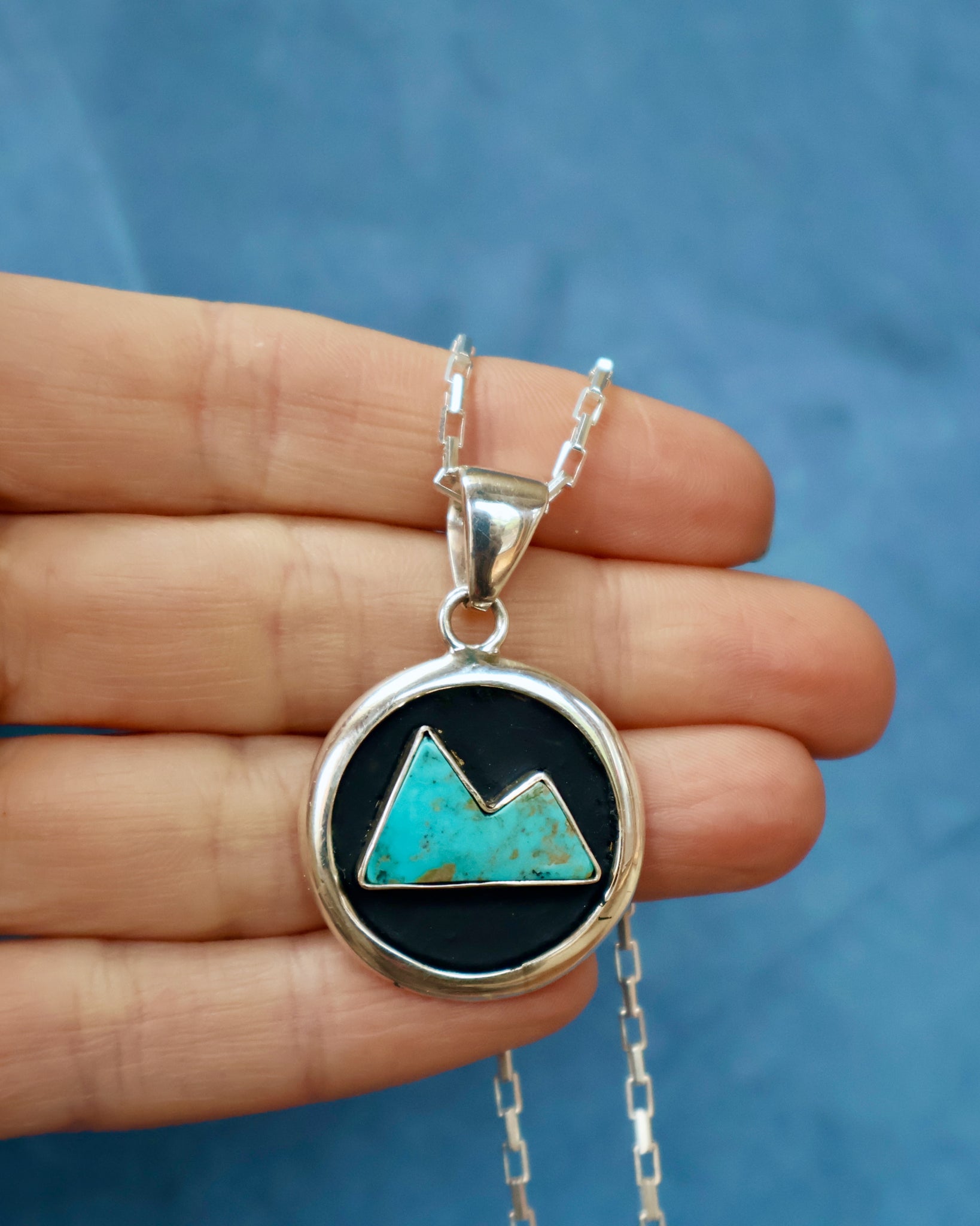 Campitos Turquoise Mountain Shadow Box Pendant on Sterling Silver Chain F59