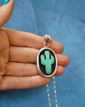 Campitos Turquoise Cactus Shadow Box Pendant on Sterling Silver Chain F58