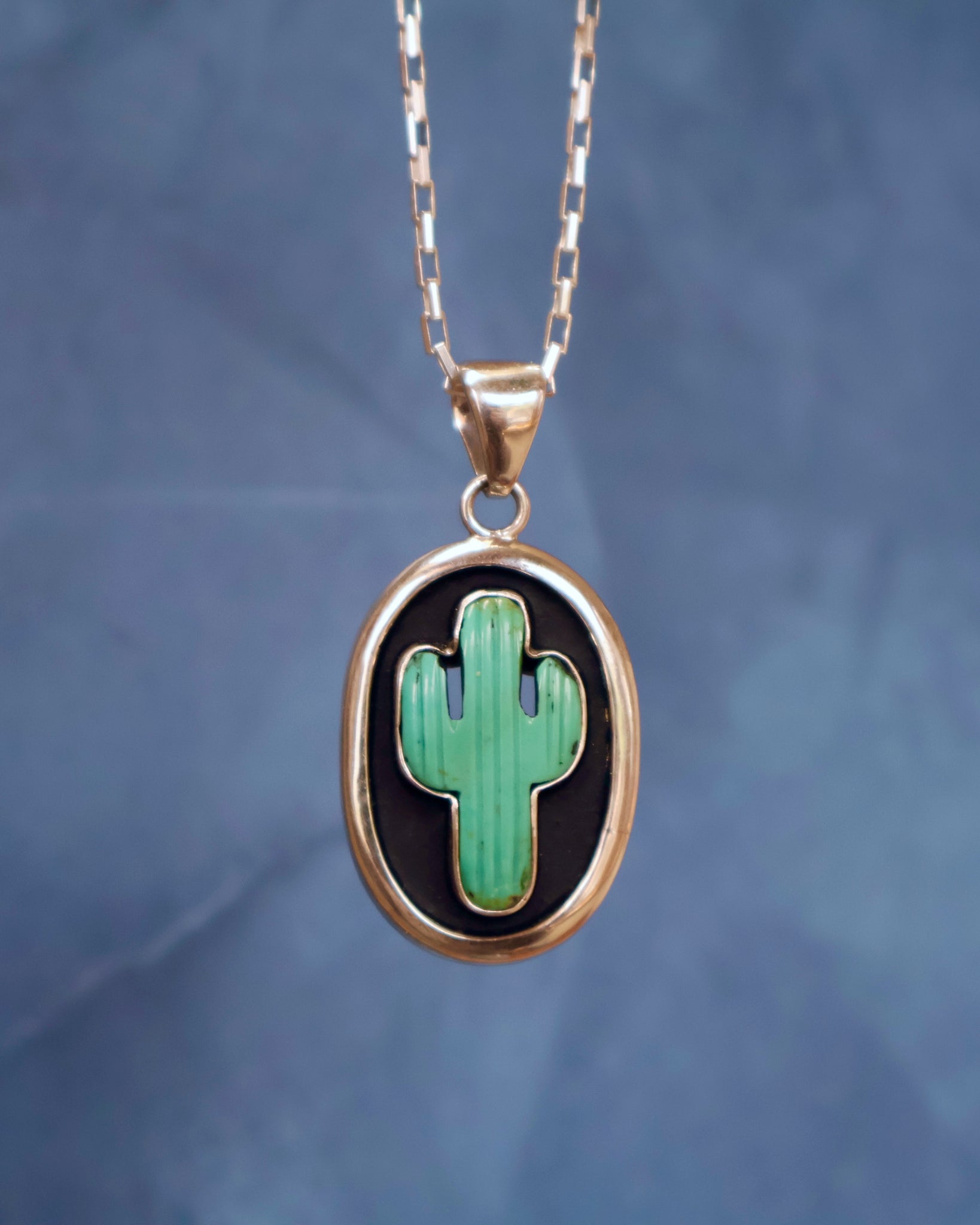 Campitos Turquoise Cactus Shadow Box Pendant on Sterling Silver Chain F58