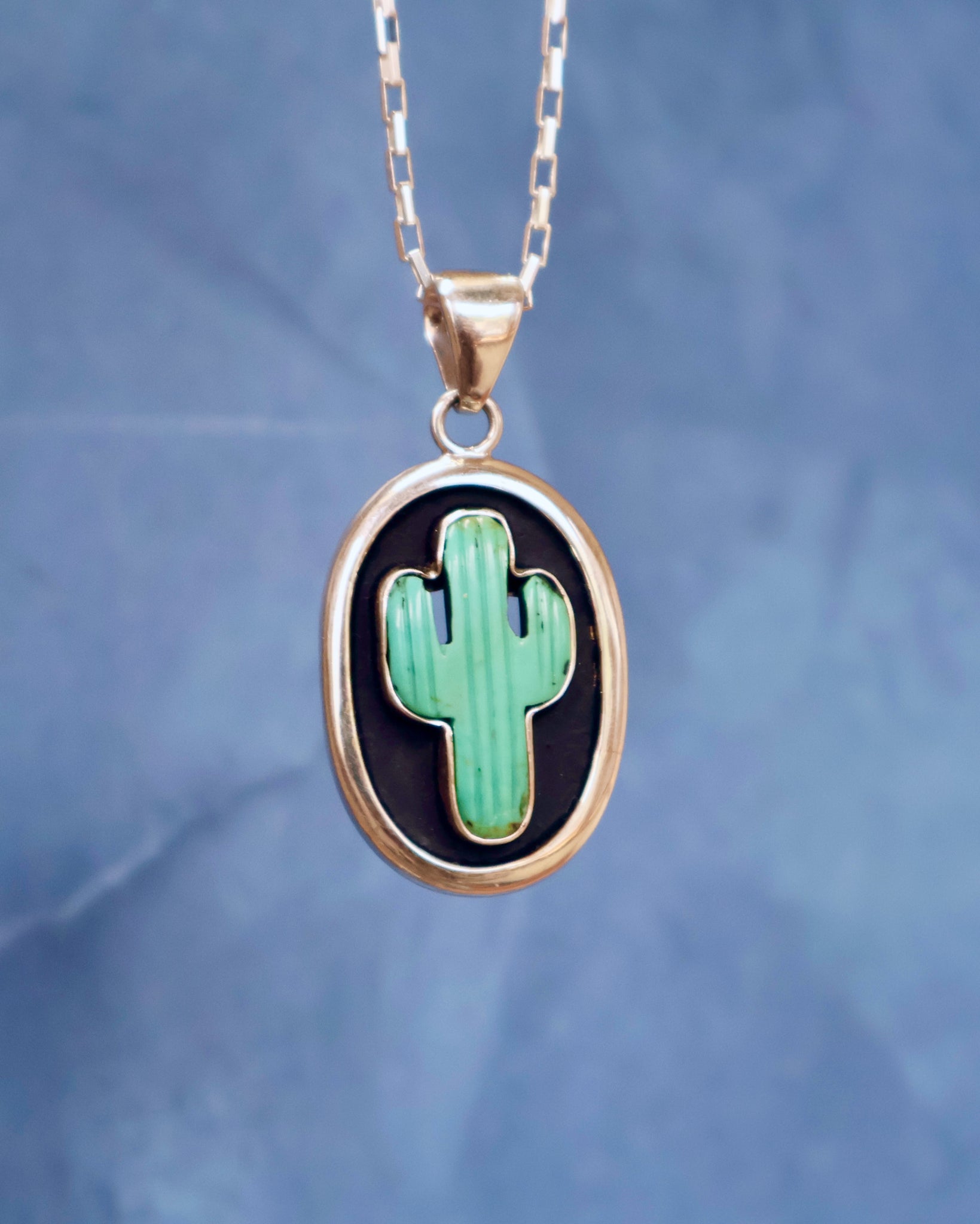 Campitos Turquoise Cactus Shadow Box Pendant on Sterling Silver Chain F58