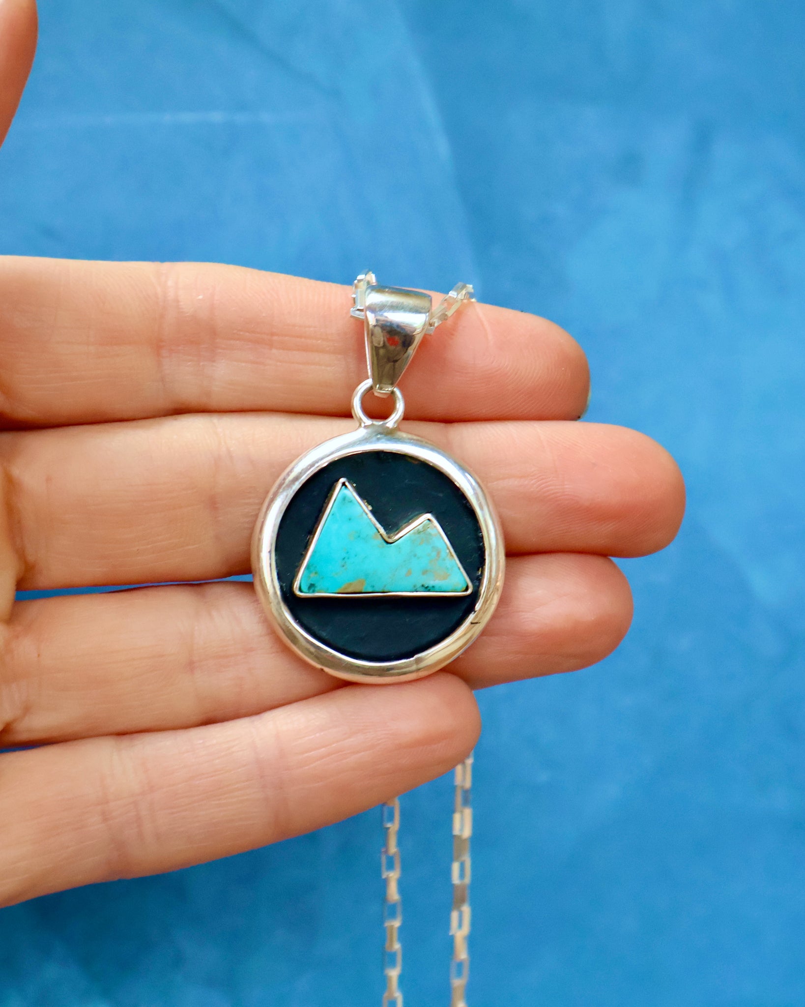 Campitos Turquoise Mountain Shadow Box Pendant on Sterling Silver Chain F59