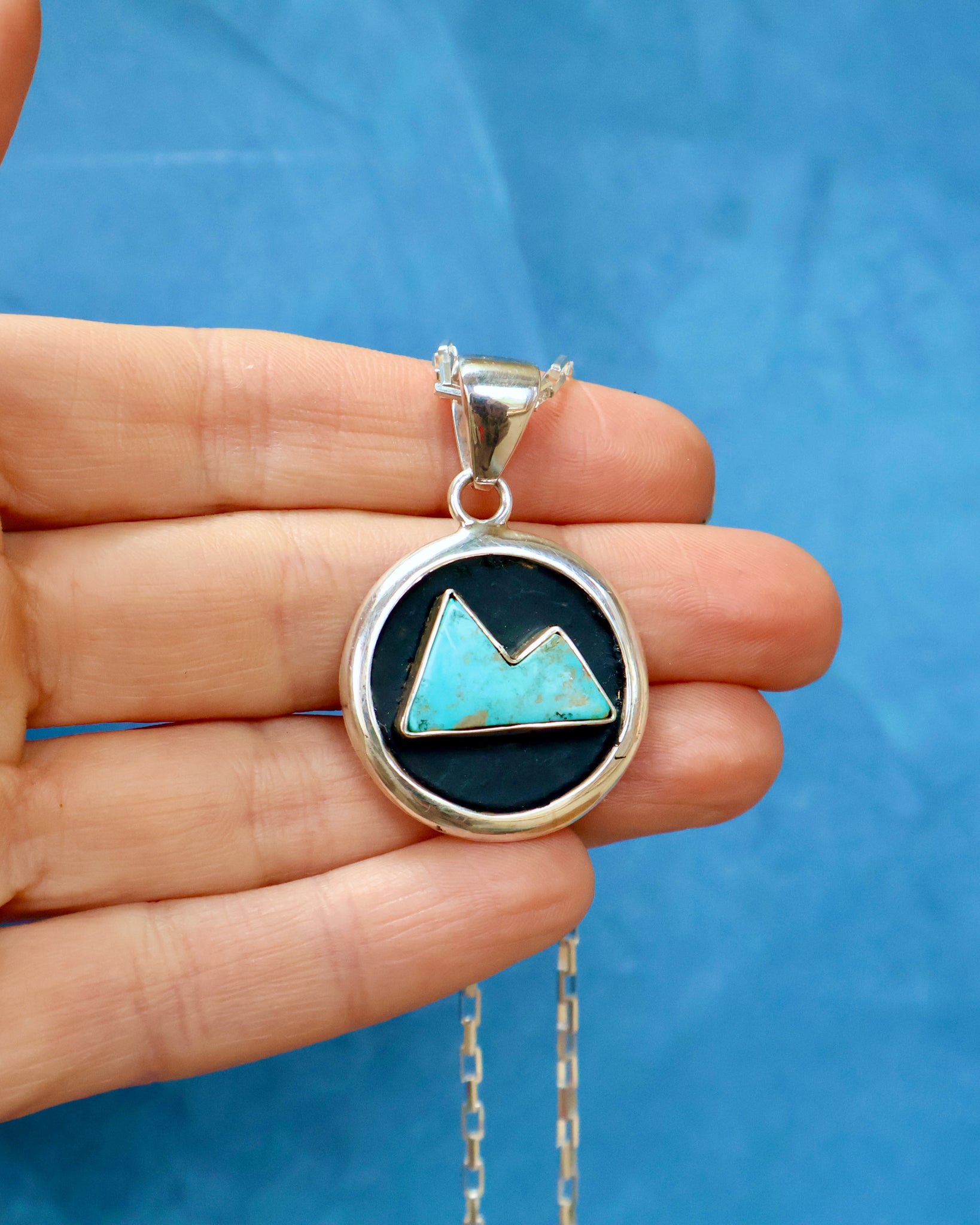 Campitos Turquoise Mountain Shadow Box Pendant on Sterling Silver Chain F59