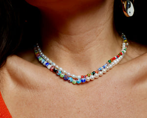 Colorblock Necklace Millefiori & Pearls Large F64