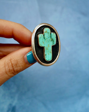 Campitos Turquoise Cactus Shadowbox Ring Sterling Silver (Large Cactus) F65