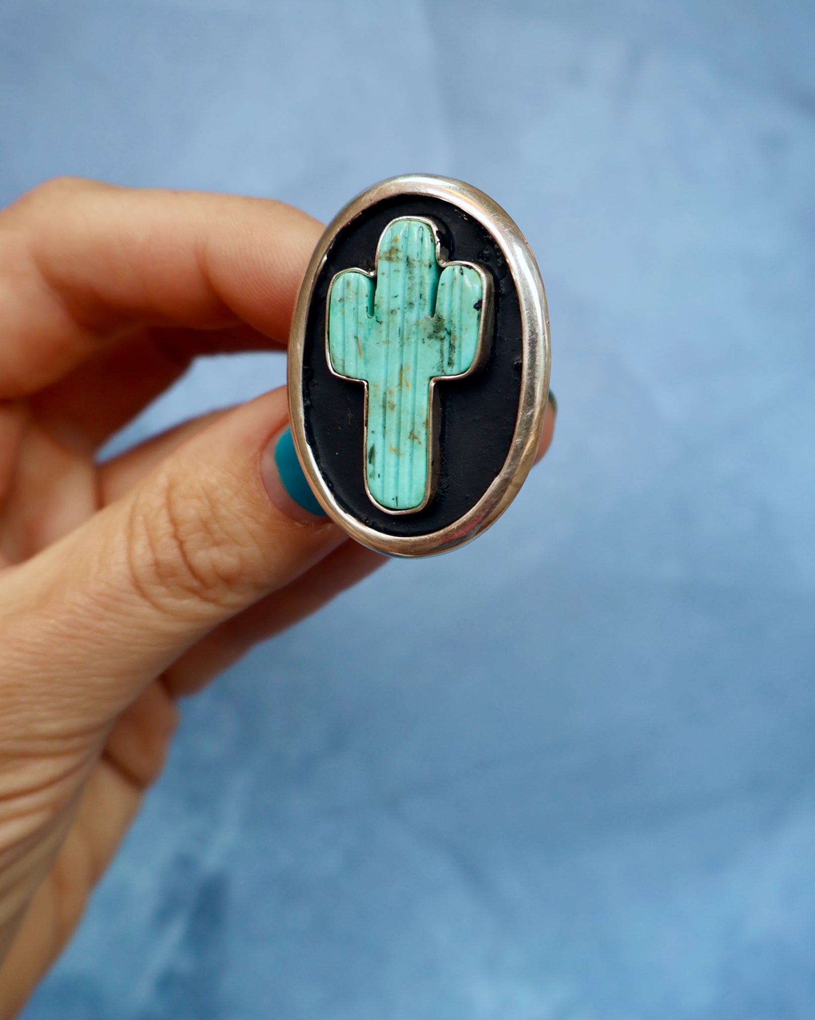 Campitos Turquoise Cactus Shadowbox Ring Sterling Silver (Large Cactus) F65