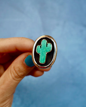 Campitos Turquoise Cactus Shadowbox Sterling Silver Ring (small cactus) F66