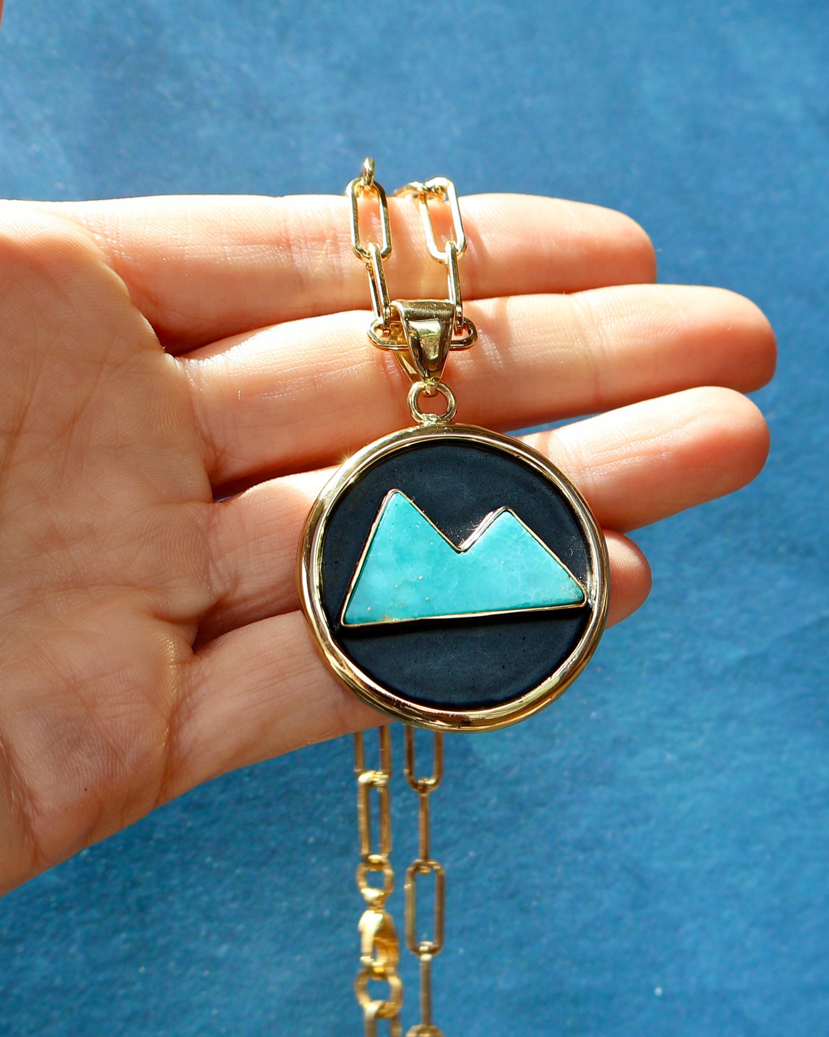 Campitos Turquoise Mountain Shadow Box Pendant on Gold Fill Chain F60