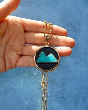 Campitos Turquoise Mountain Shadow Box Pendant on Gold Fill Chain F60