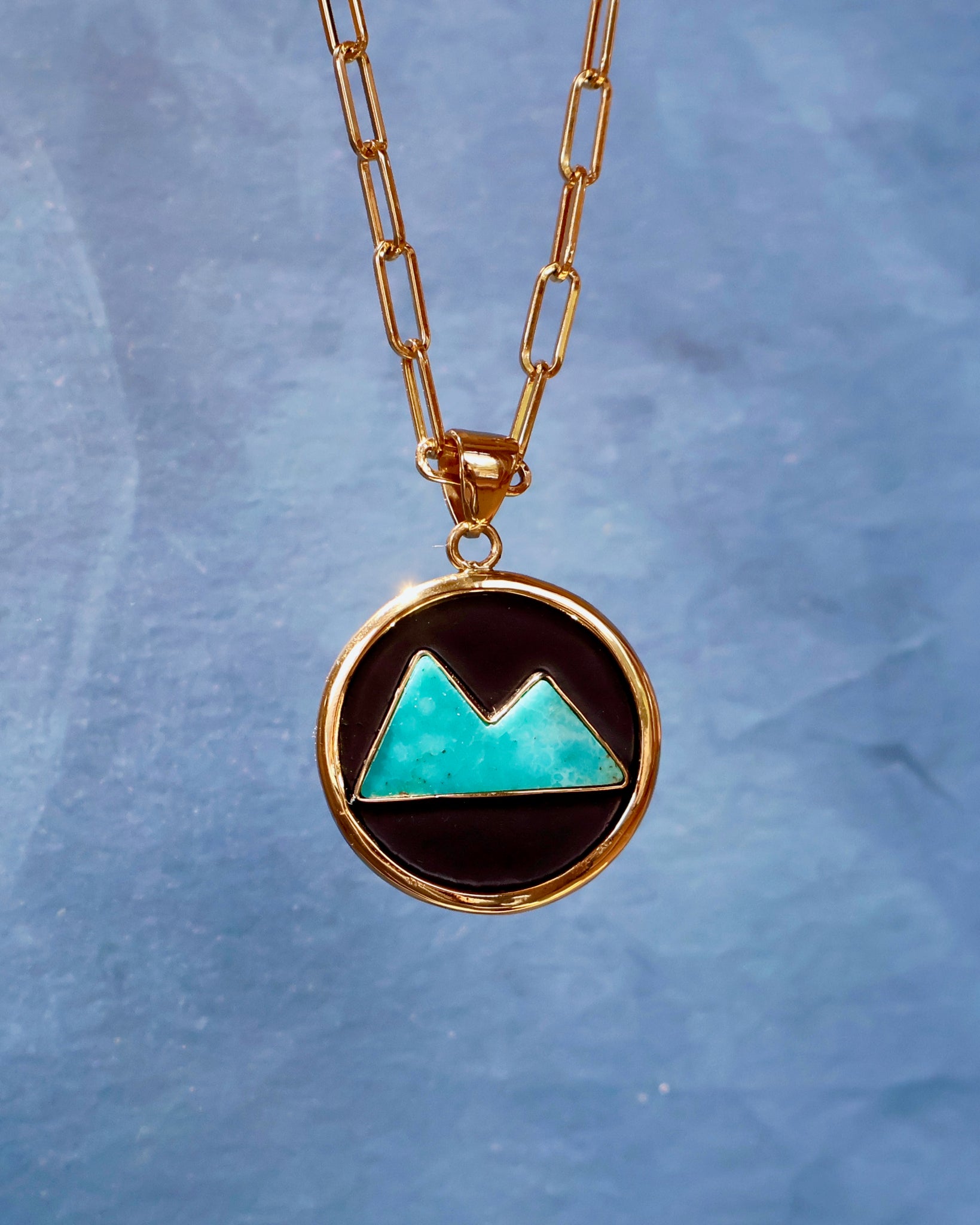 Campitos Turquoise Mountain Shadow Box Pendant on Gold Fill Chain F60