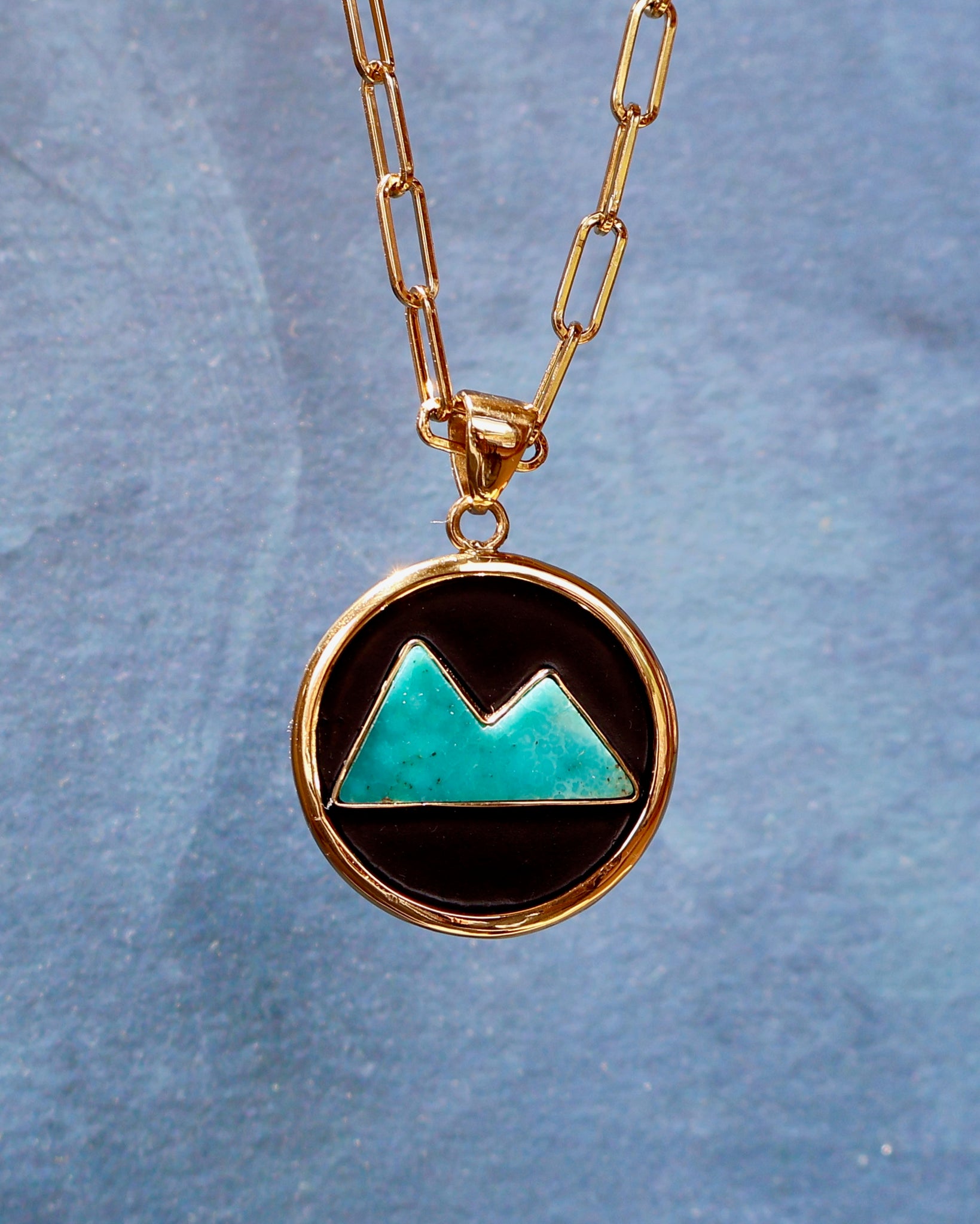 Campitos Turquoise Mountain Shadow Box Pendant on Gold Fill Chain F60