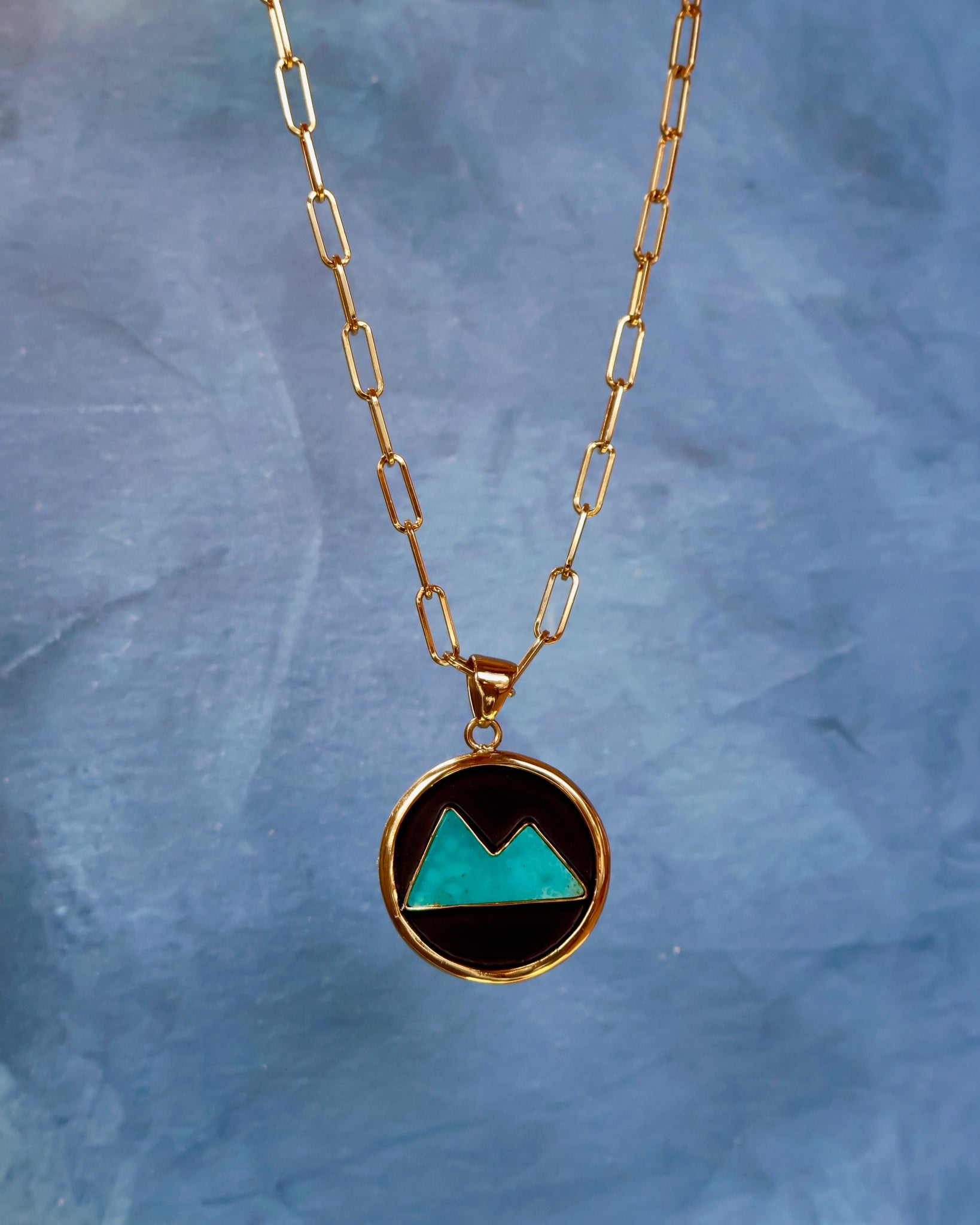 Campitos Turquoise Mountain Shadow Box Pendant on Gold Fill Chain F60